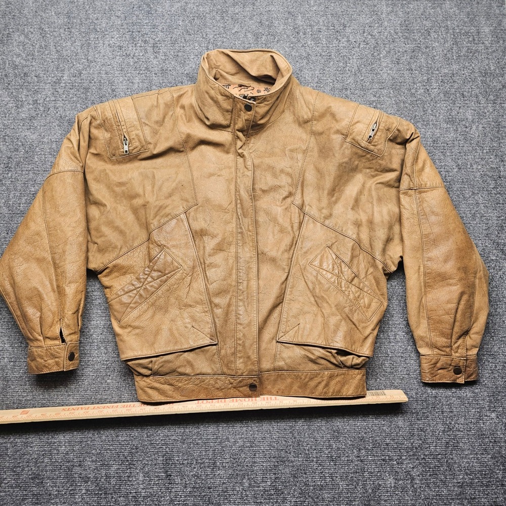 Vintage Tan Leather Bomber Jacket Winlit Mens Medium 80s Batwing Oversized Brown
